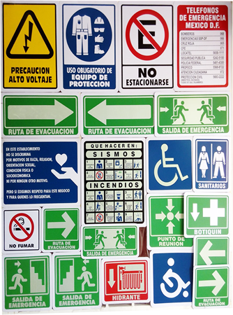 Ruta de evacuacion, salida de emergencia, sanitarios, precaucion alto voltaje, botiquin, salidas de emergencia